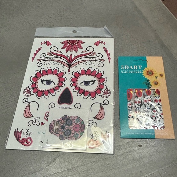 TailaiMei 12 Sheets Day of the Dead Face Skeleton Tattoos and Nail Art - Picture 2 of 7